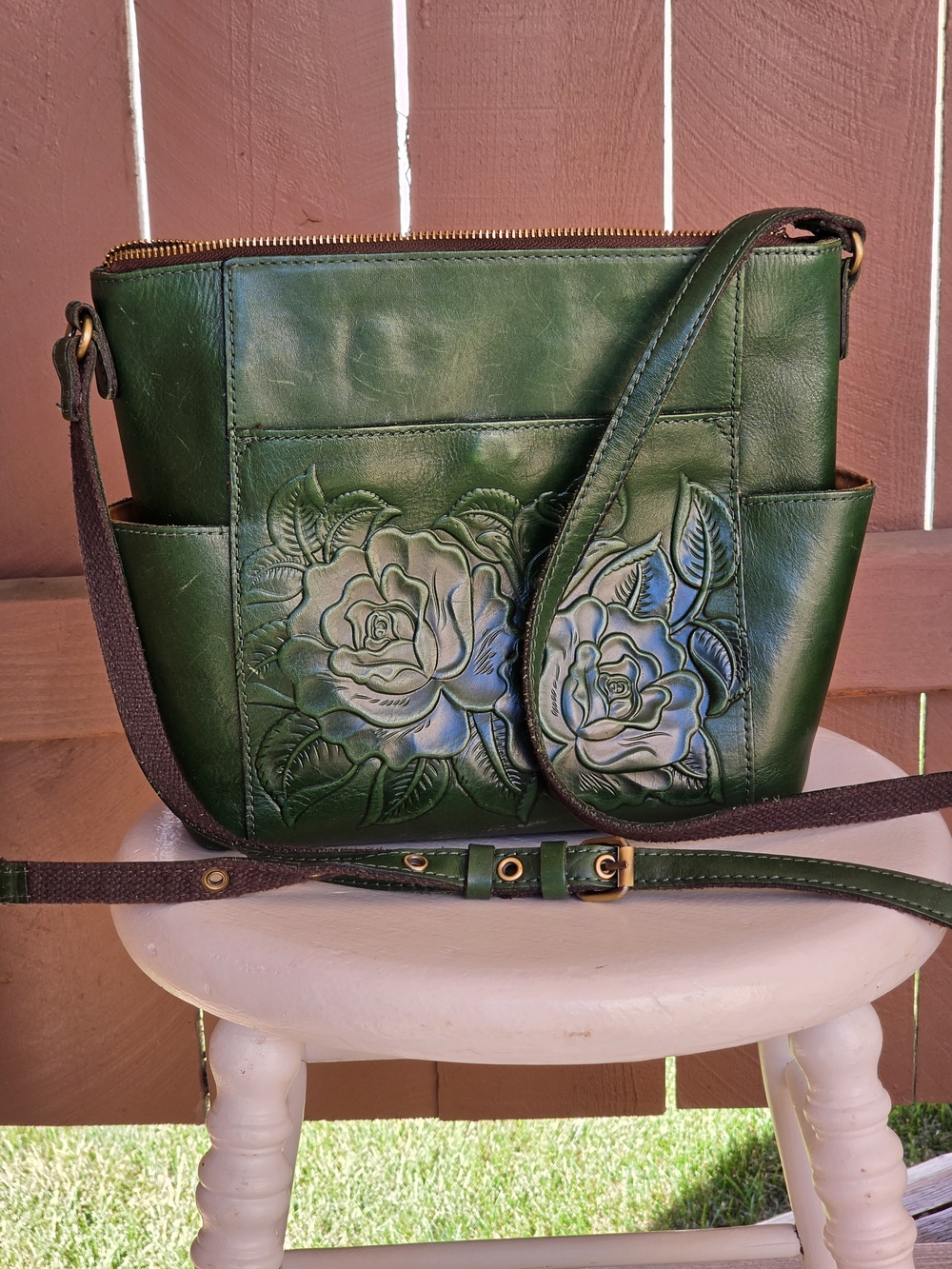 Patricia Nash green Floral Tooled Leather Crossbody Bag